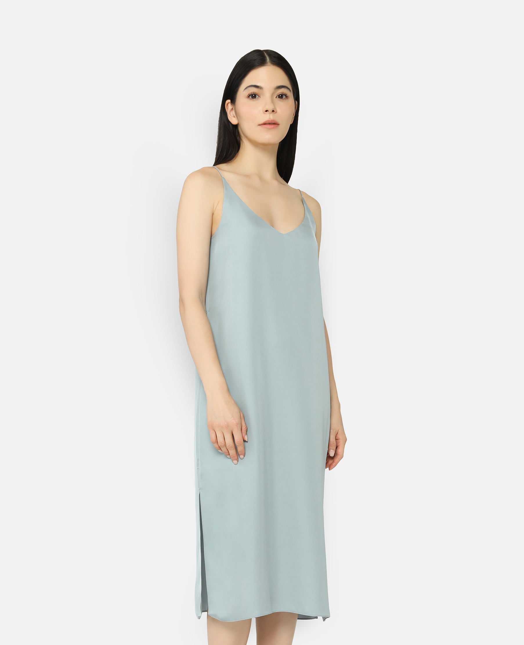 Silk Signature V Slip Dress in Slate Blue | GRANA #color_slate-blue