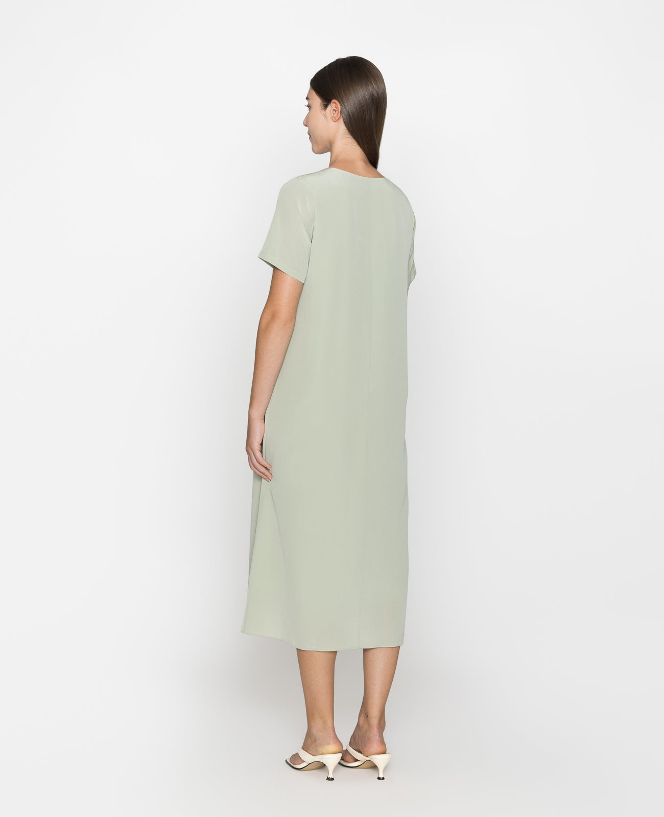 Silk V-neck Tee Dress in SAGE GREEN | GRANA #color_sage-green