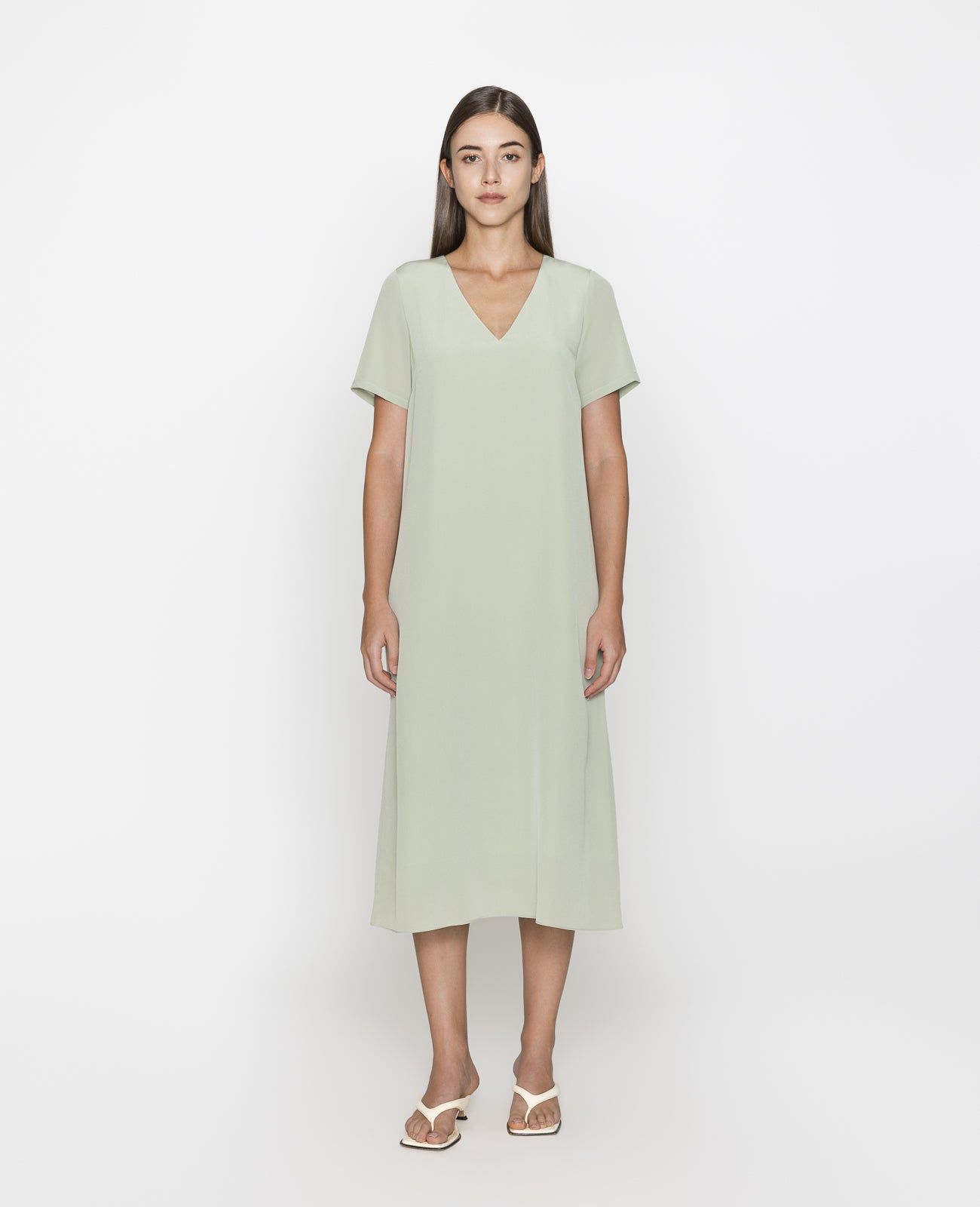Silk V-neck Tee Dress in SAGE GREEN | GRANA #color_sage-green