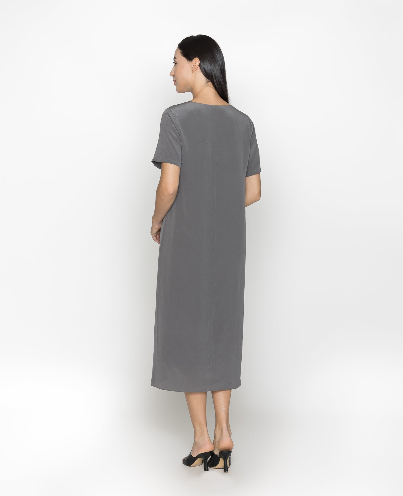 Silk V-neck Tee Dress in STORM | GRANA #color_storm