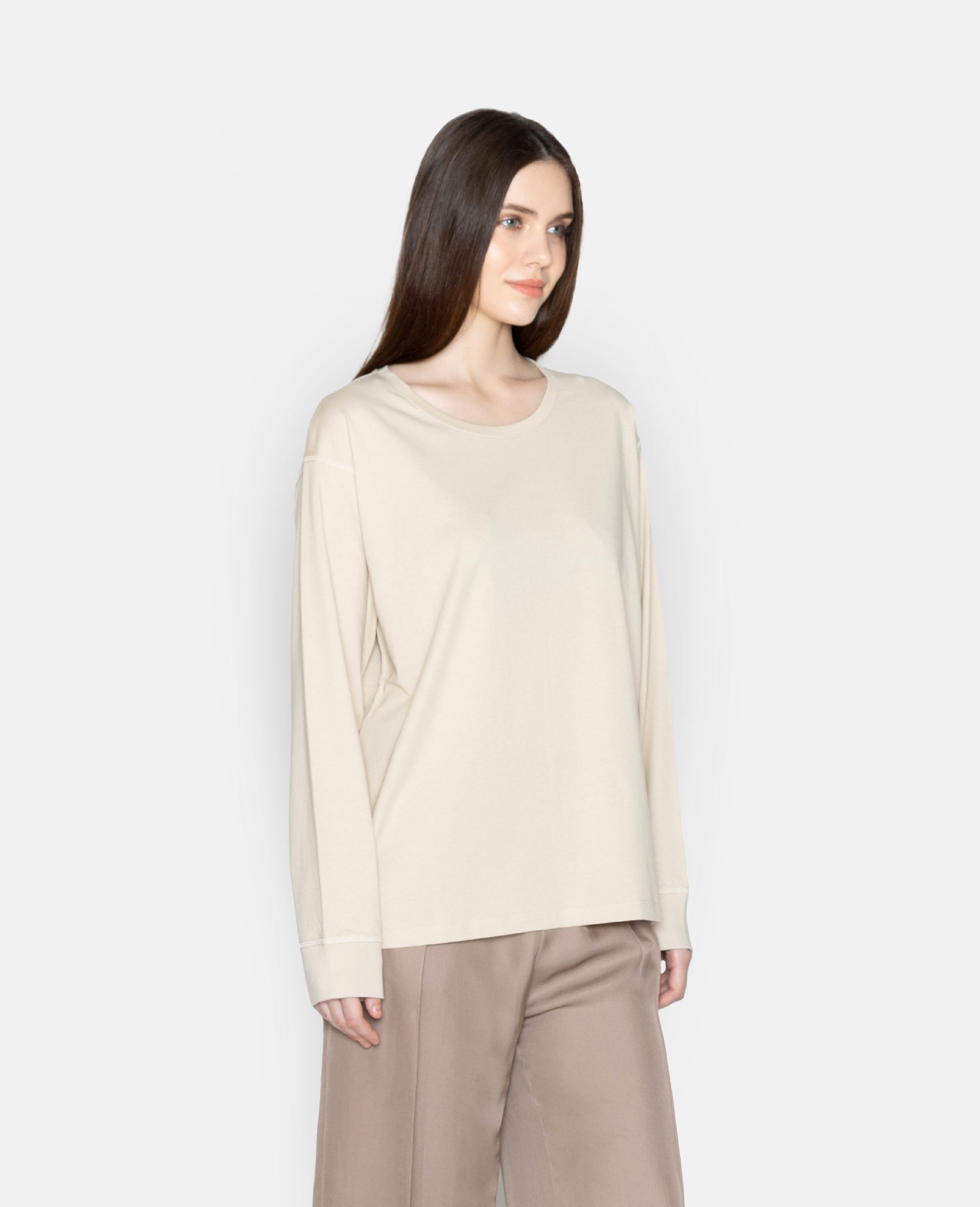 Supima Oversized Long Sleeve Tee in PARCHMENT BEIGE | GRANA #color_parchment-beige