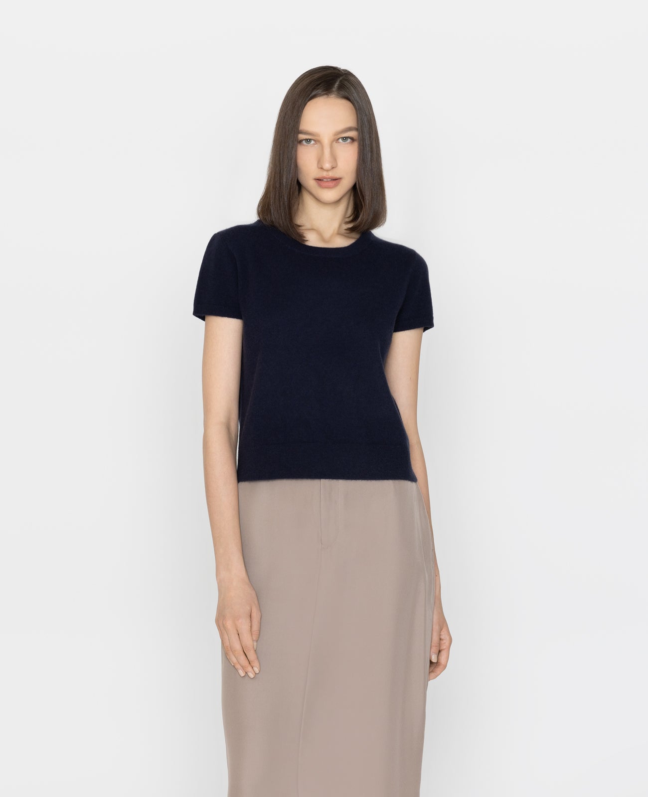 Cashmere 2-Way Short Sleeve Sweater in Navy | GRANA #color_navy