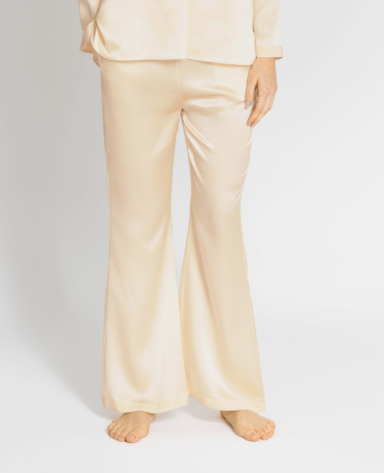 Silk Pyjamas Flare Lounge Pants in Champagne | GRANA #color_champagne