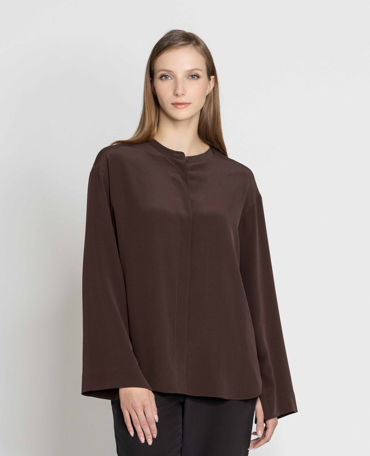 Silk Band Collar Shirt in Dark Oak | GRANA #color_dark-oak