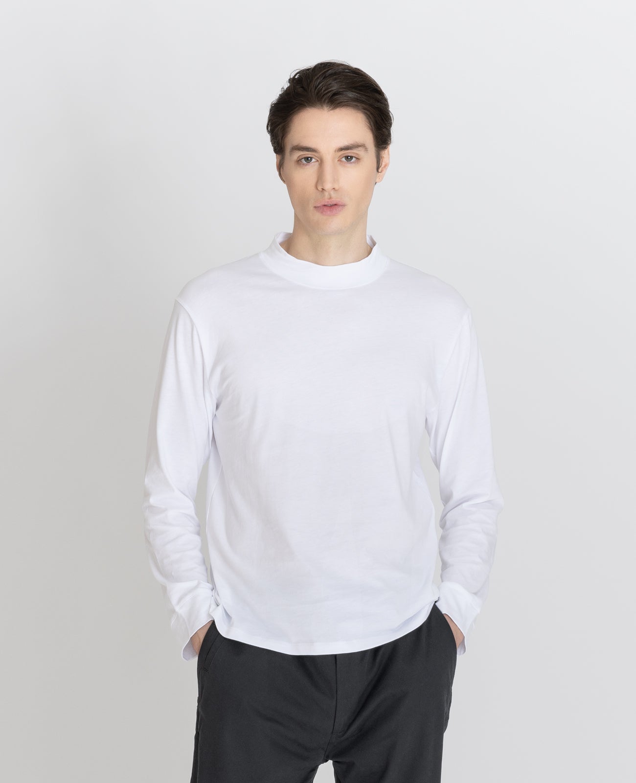 Supima High Neck Long Sleeve Tee in White | GRANA #color_white