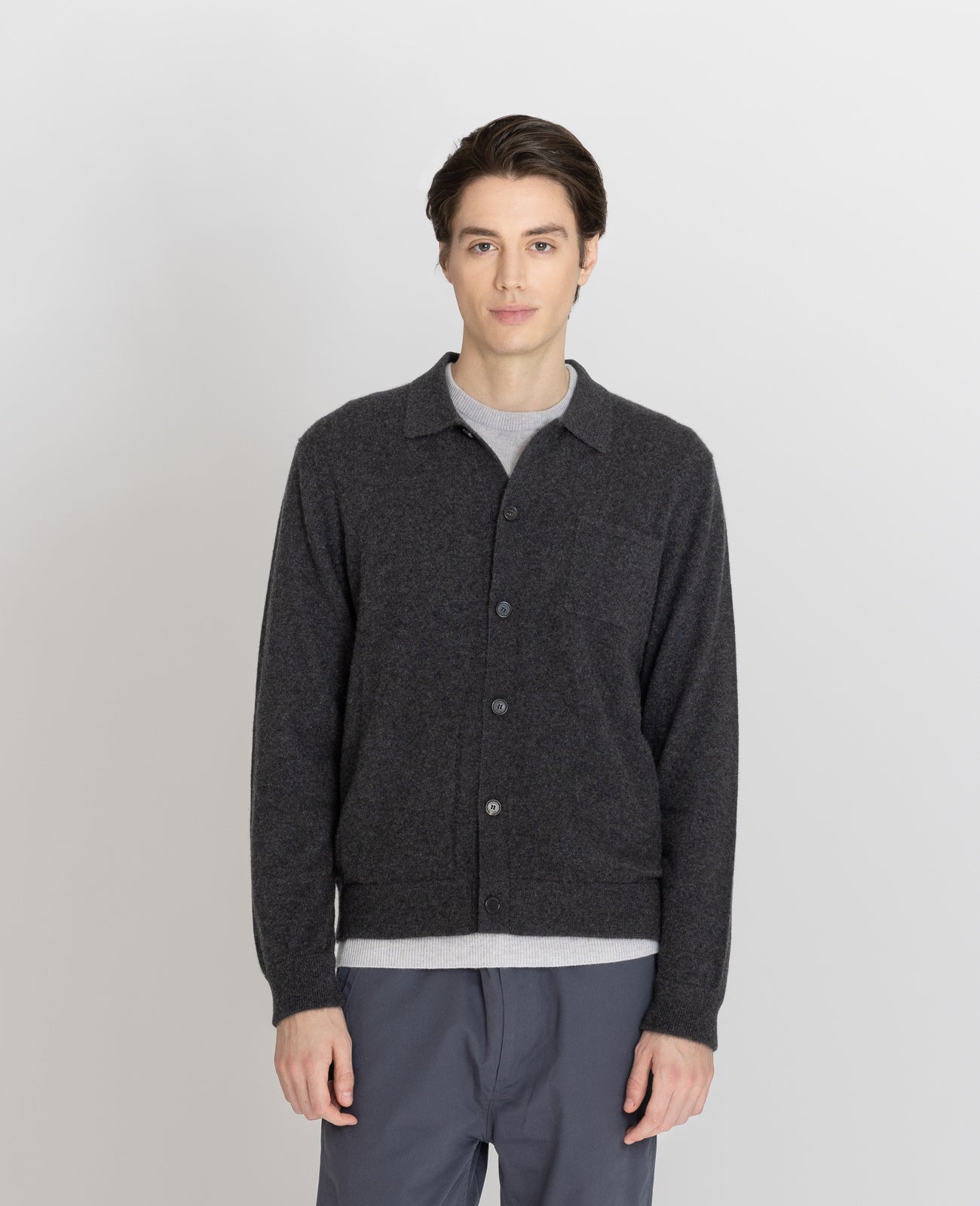 Cashmere Collar Cardigan in Charcoal | GRANA #color_charcoal