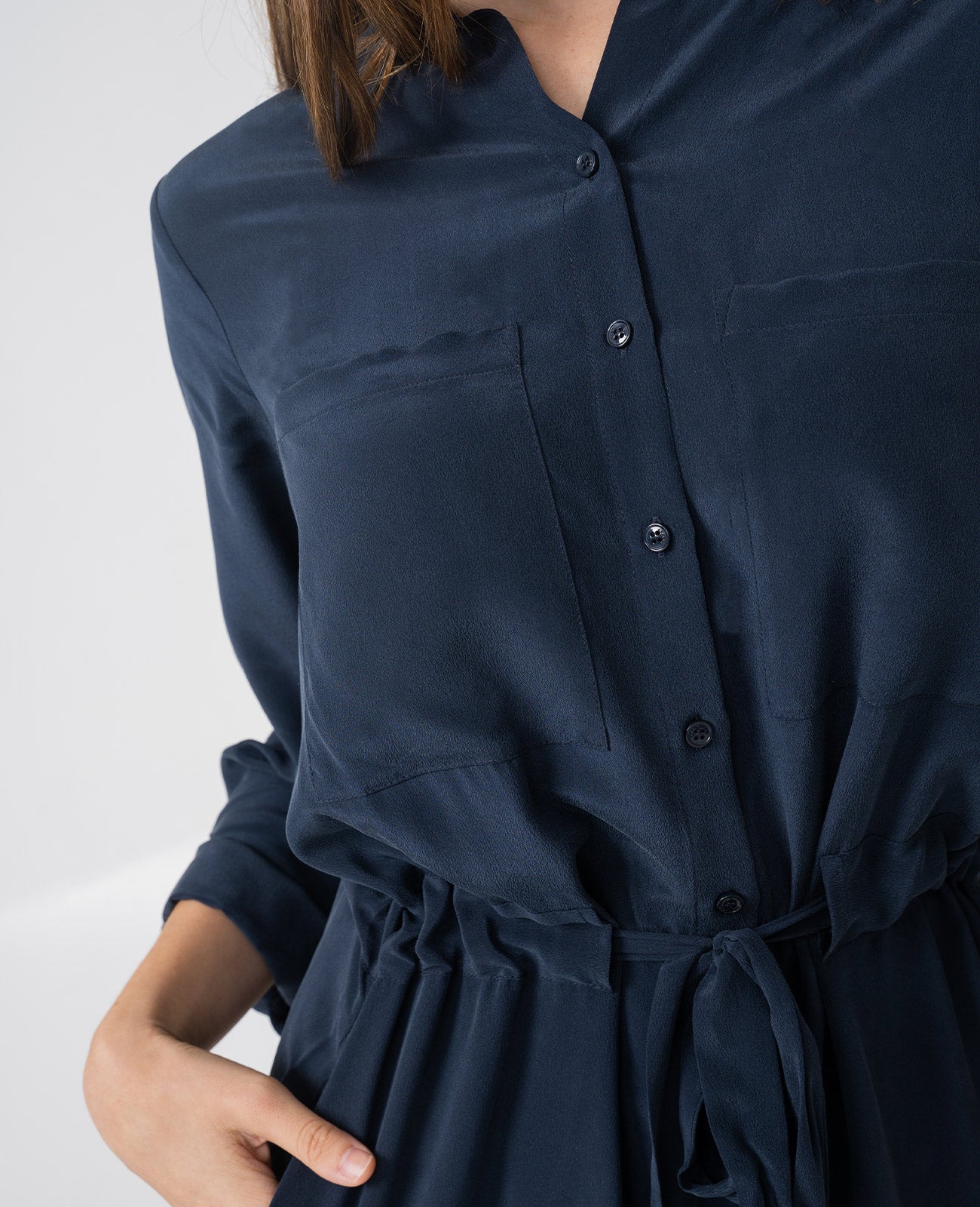 Silk Shirt Dress in Navy | GRANA #color_navy