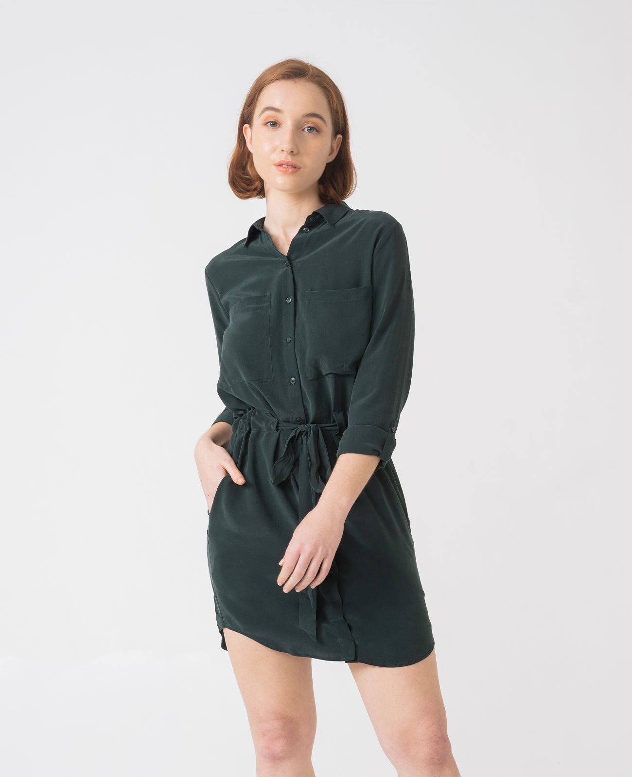 Silk Shirt Dress in Jewel Green | GRANA #color_jewel-green