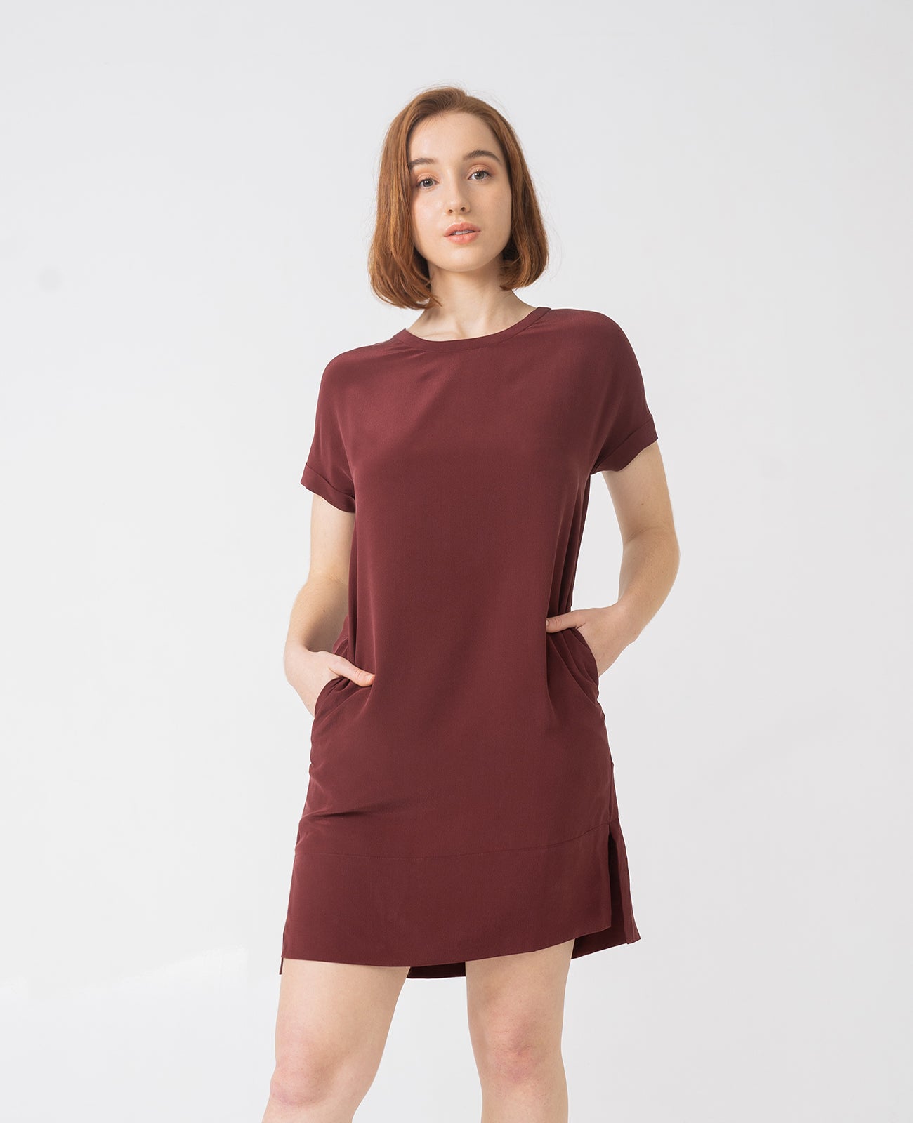 Silk Tee Dress in Port Red | GRANA #color_port-red