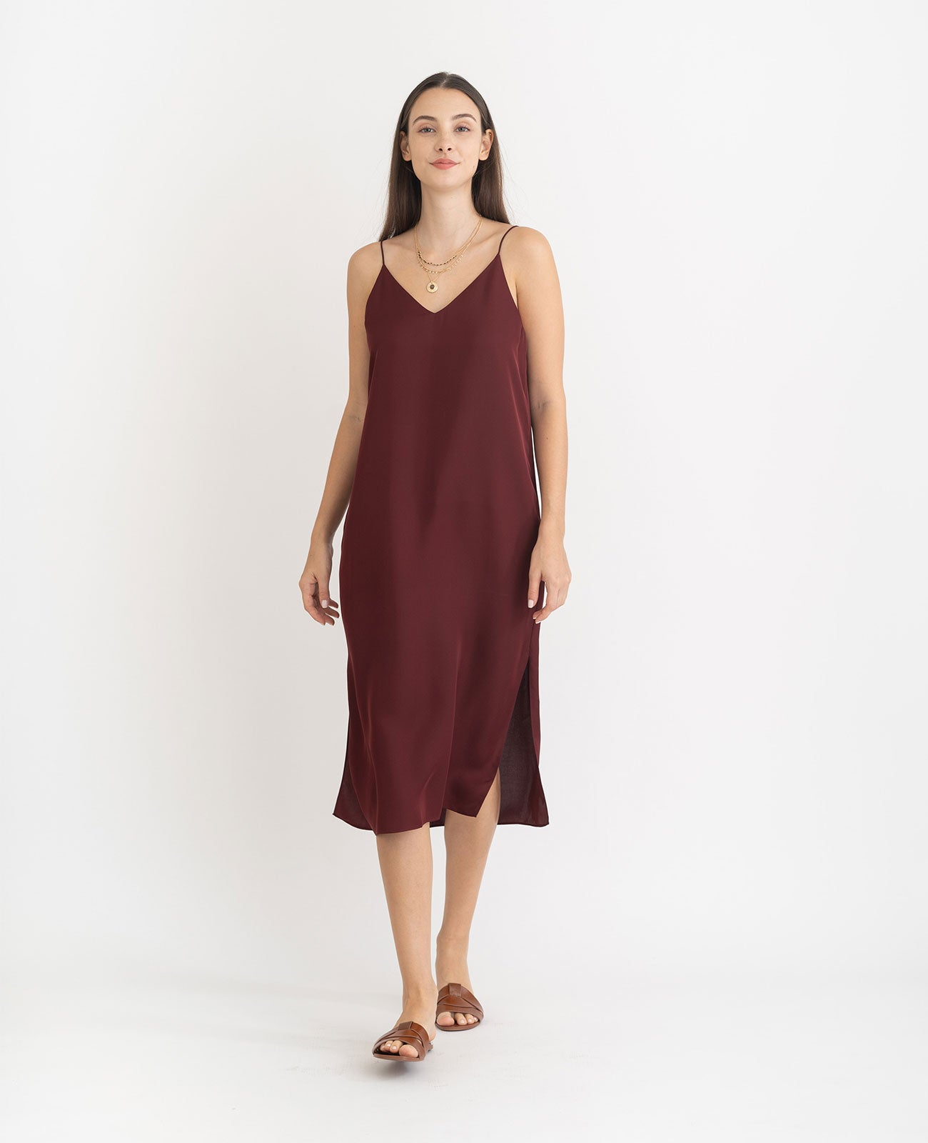 Silk V Neck Slip Dress in Port Red | GRANA #color_port-red