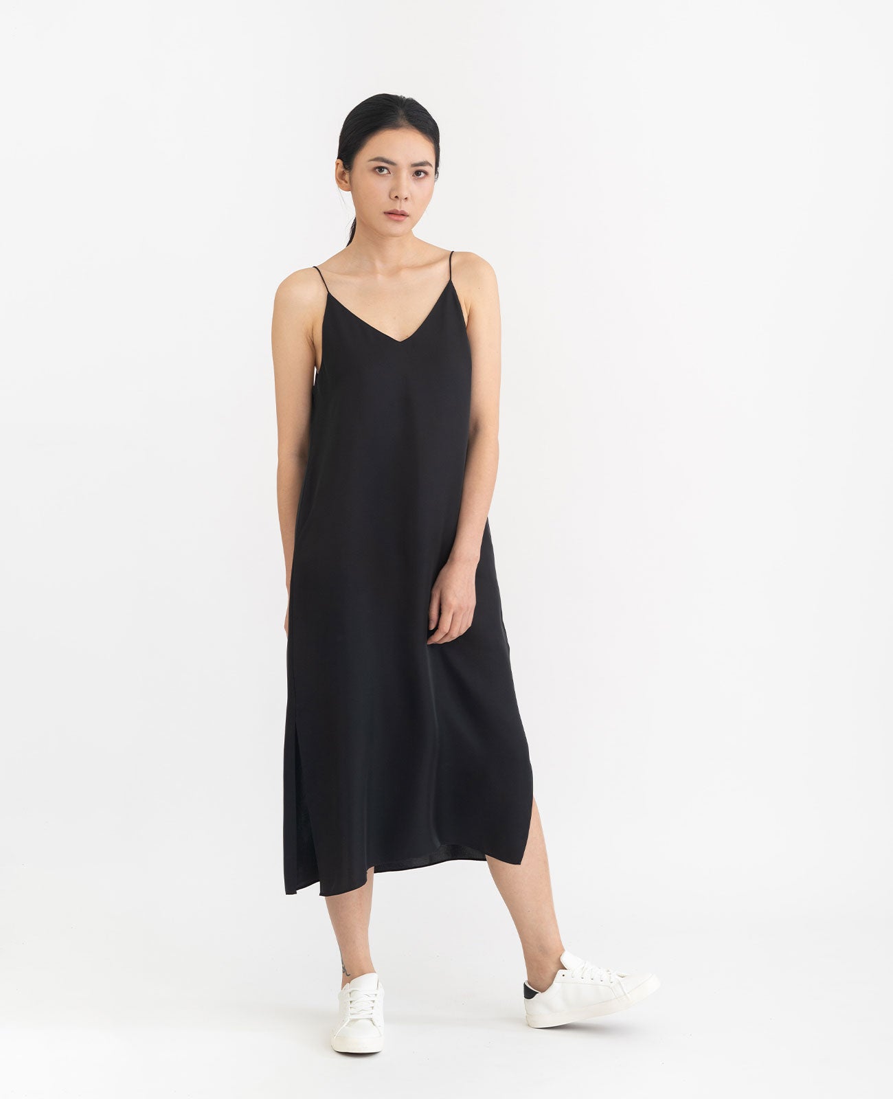 Silk V Neck Slip Dress in Black | GRANA #color_black