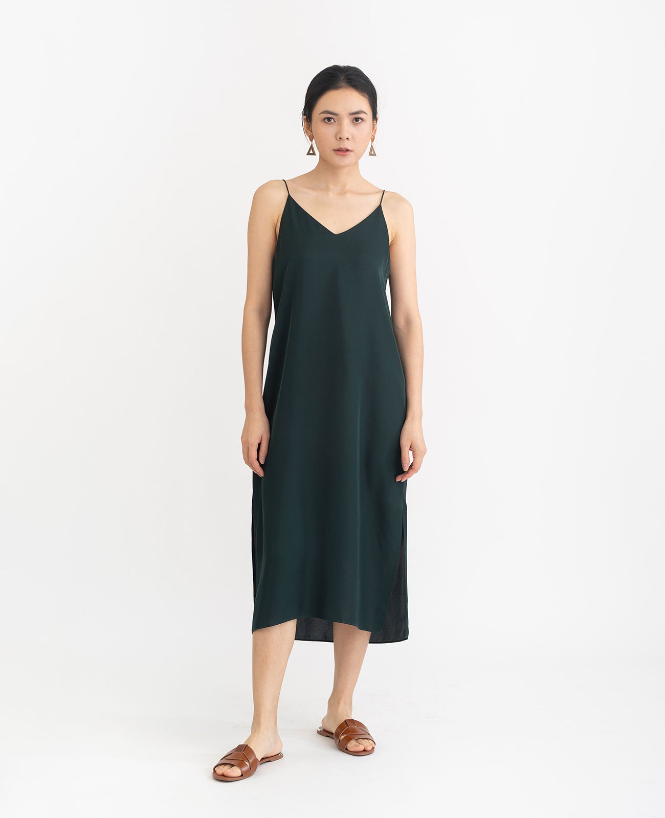 Silk V Neck Slip Dress in Jewel Green | GRANA #color_jewel-green