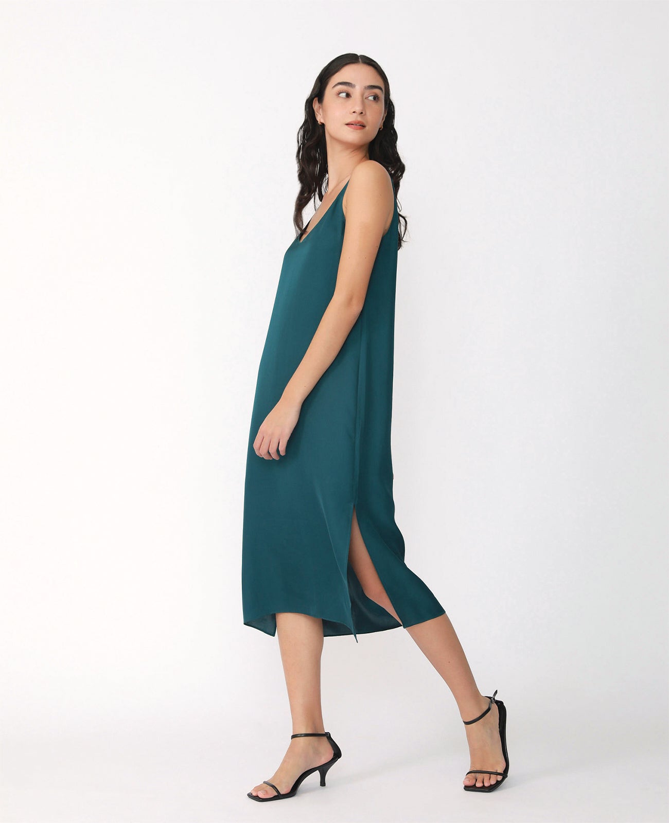 Silk Signature V Slip Dress in Emerald | GRANA #color_emerald
