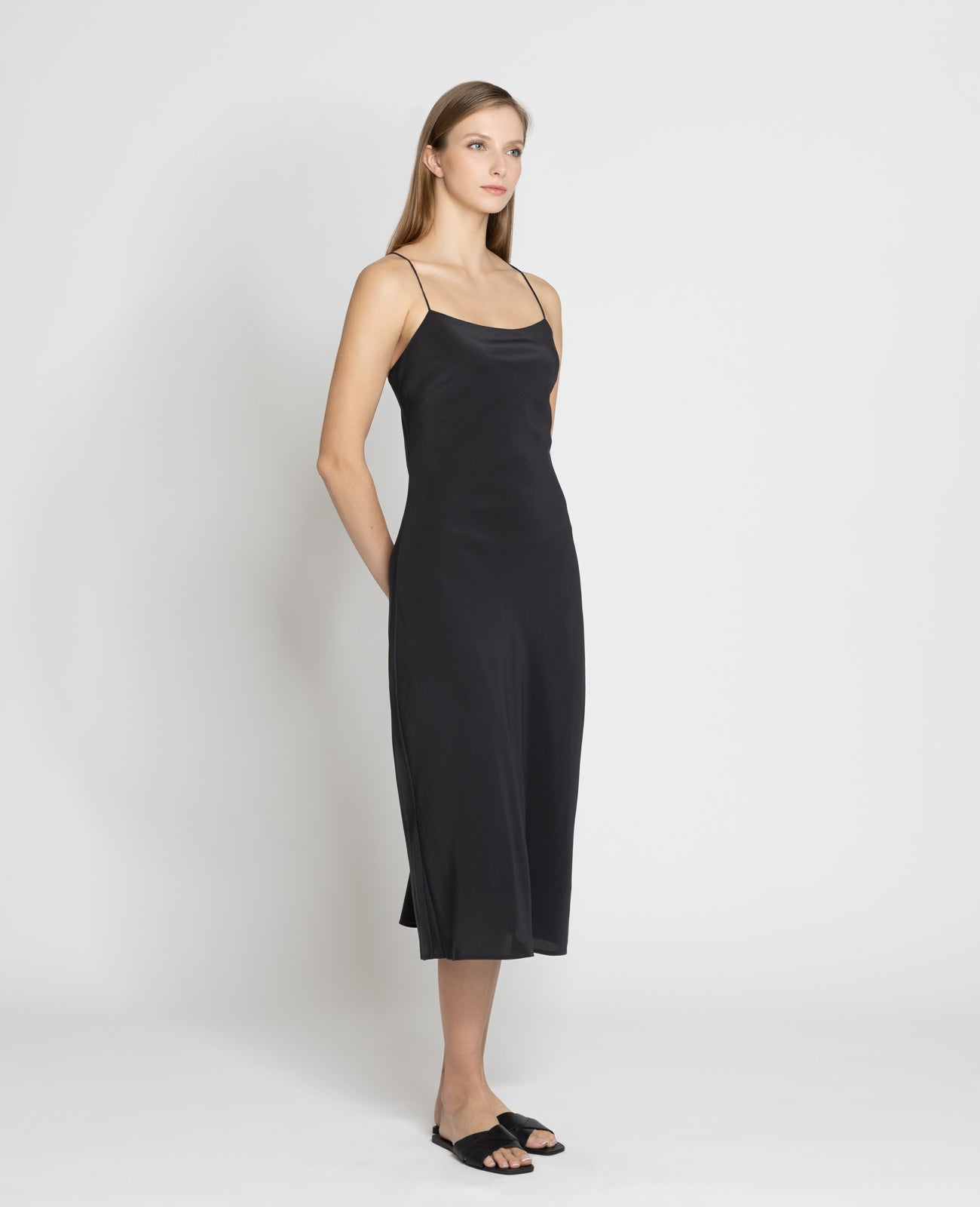 Silk Straight Neck Slip Dress in Black | GRANA #color_black