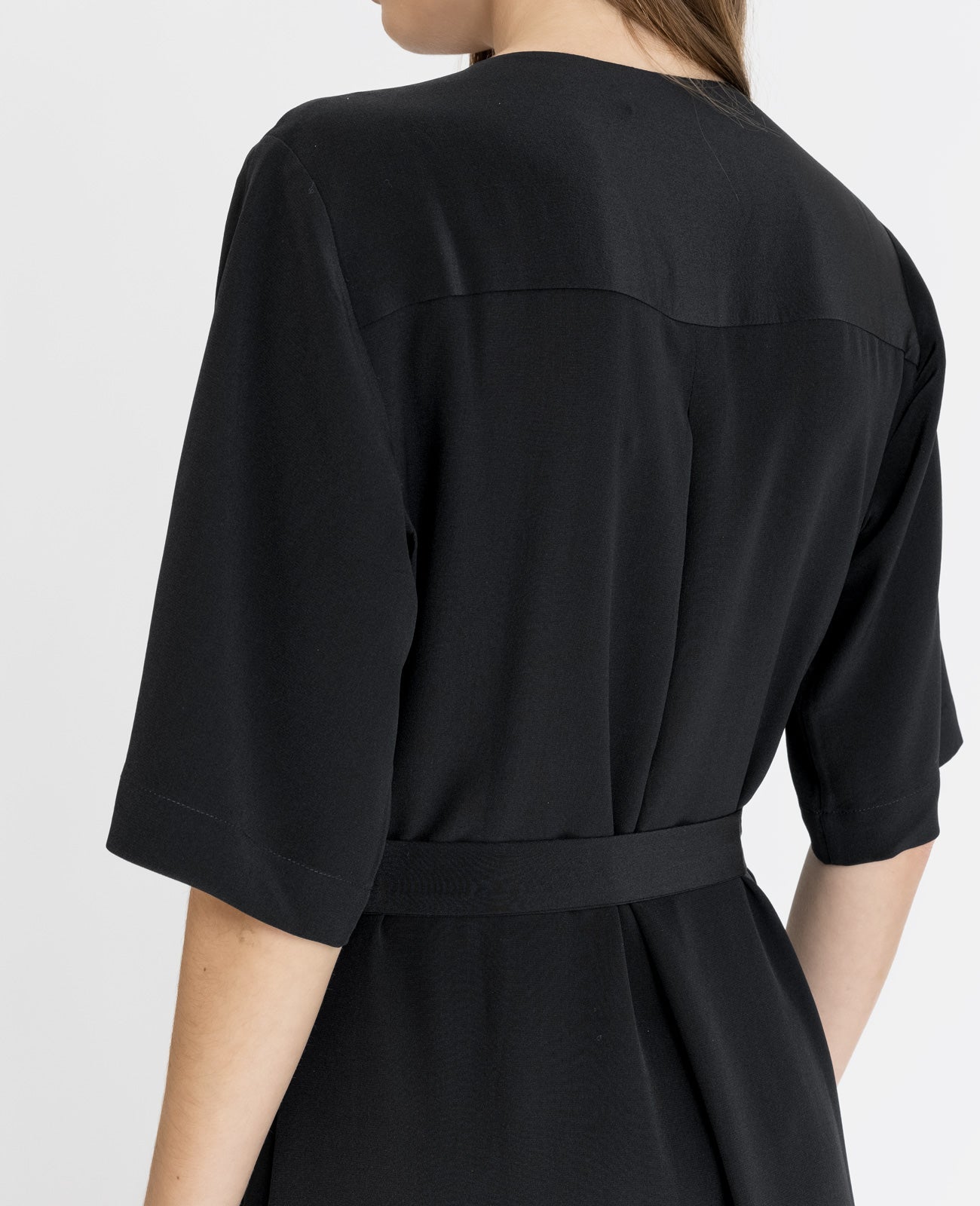 Silk V-neck Shirt Dress in Black | GRANA #color_black