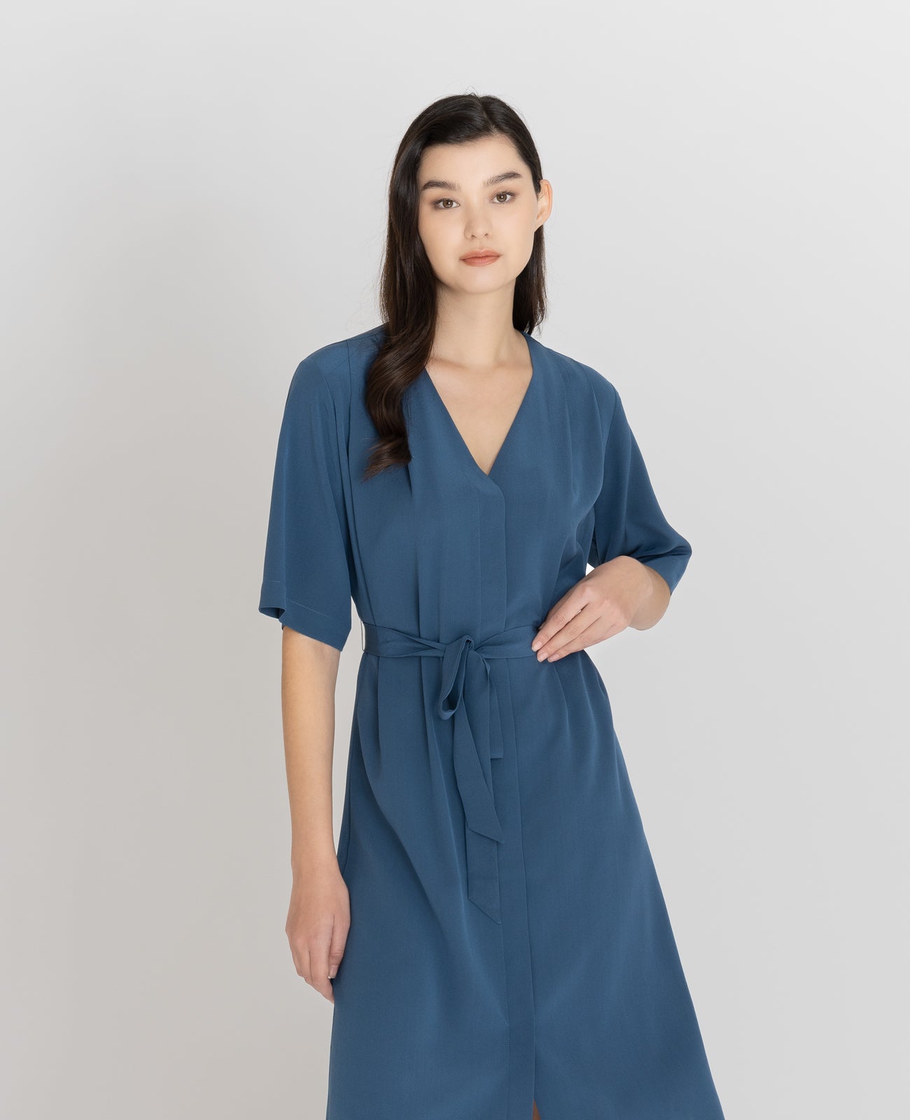 Silk V-neck Shirt Dress in Oceanic | GRANA #color_oceanic