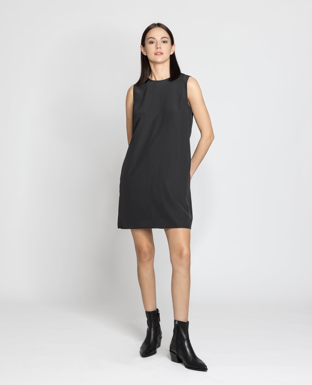 Silk A-line Shift Dress in Black | GRANA #color_black