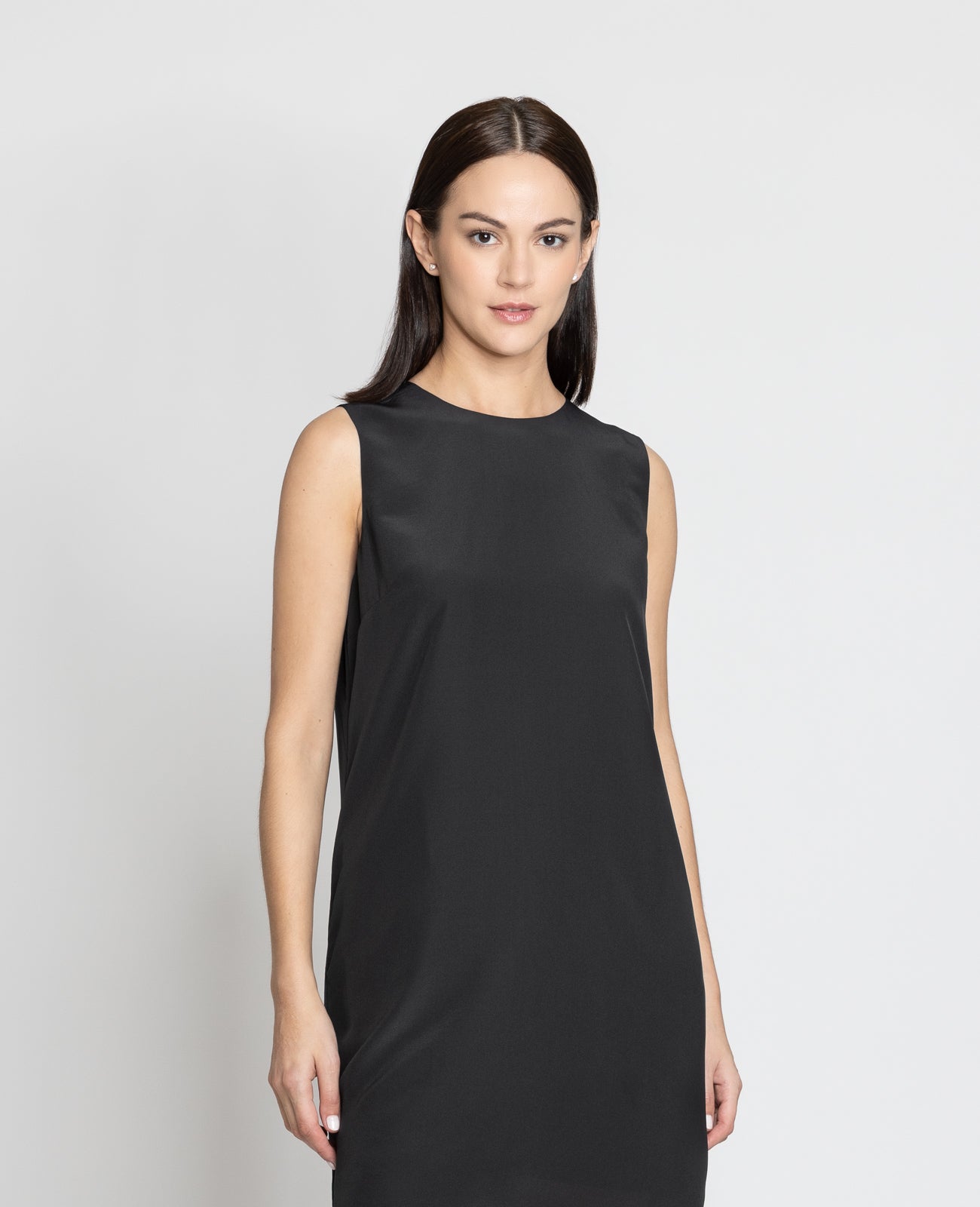 Silk A-line Shift Dress in Black | GRANA #color_black
