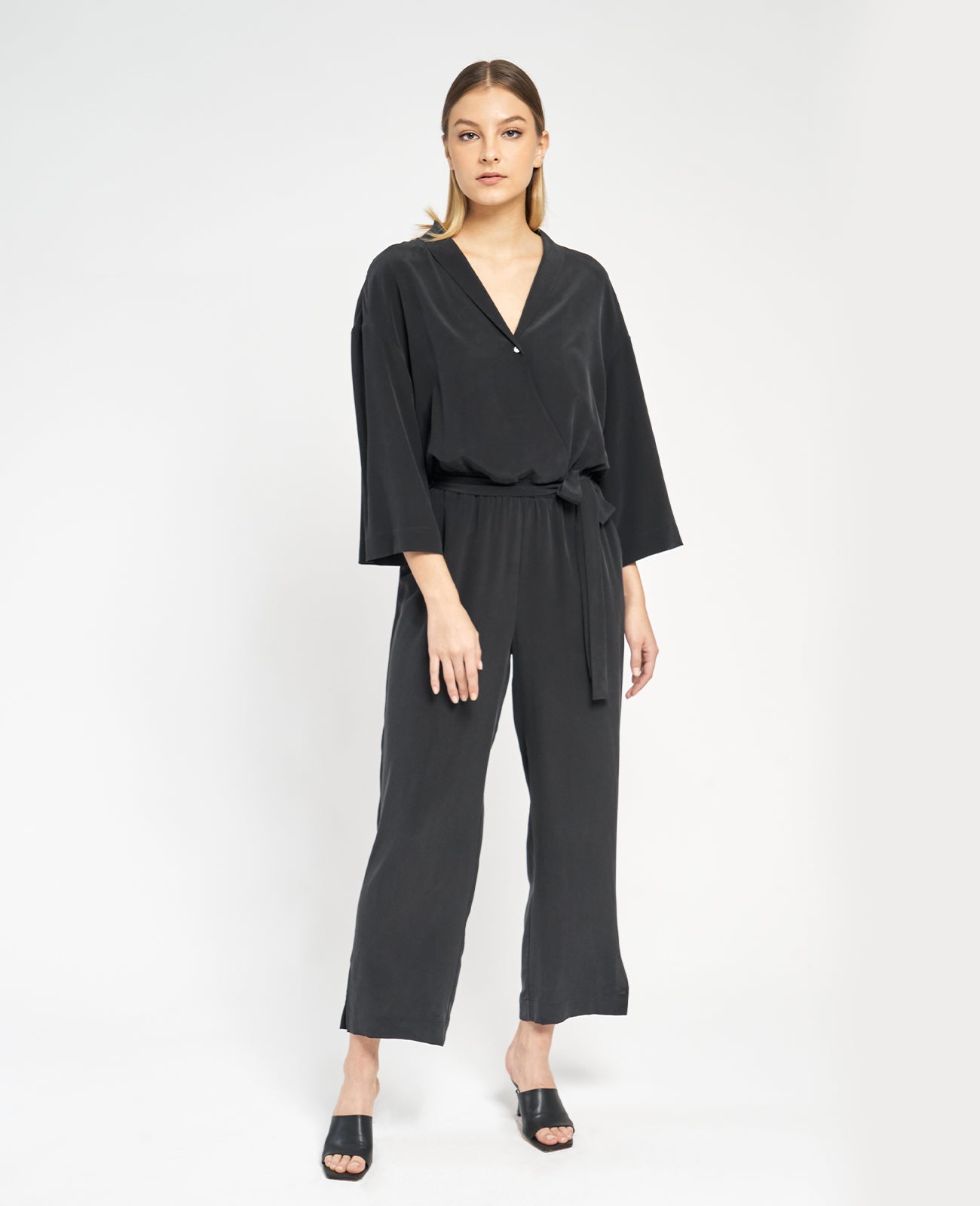 Silk Wrap Front Jumpsuit in BLACK | GRANA #color_black