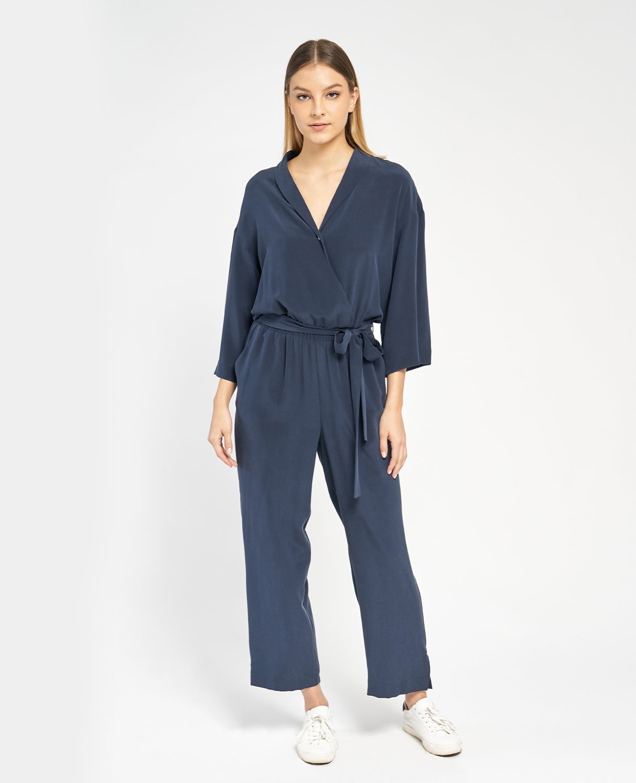 Silk Wrap Front Jumpsuit in NAVY | GRANA #color_navy