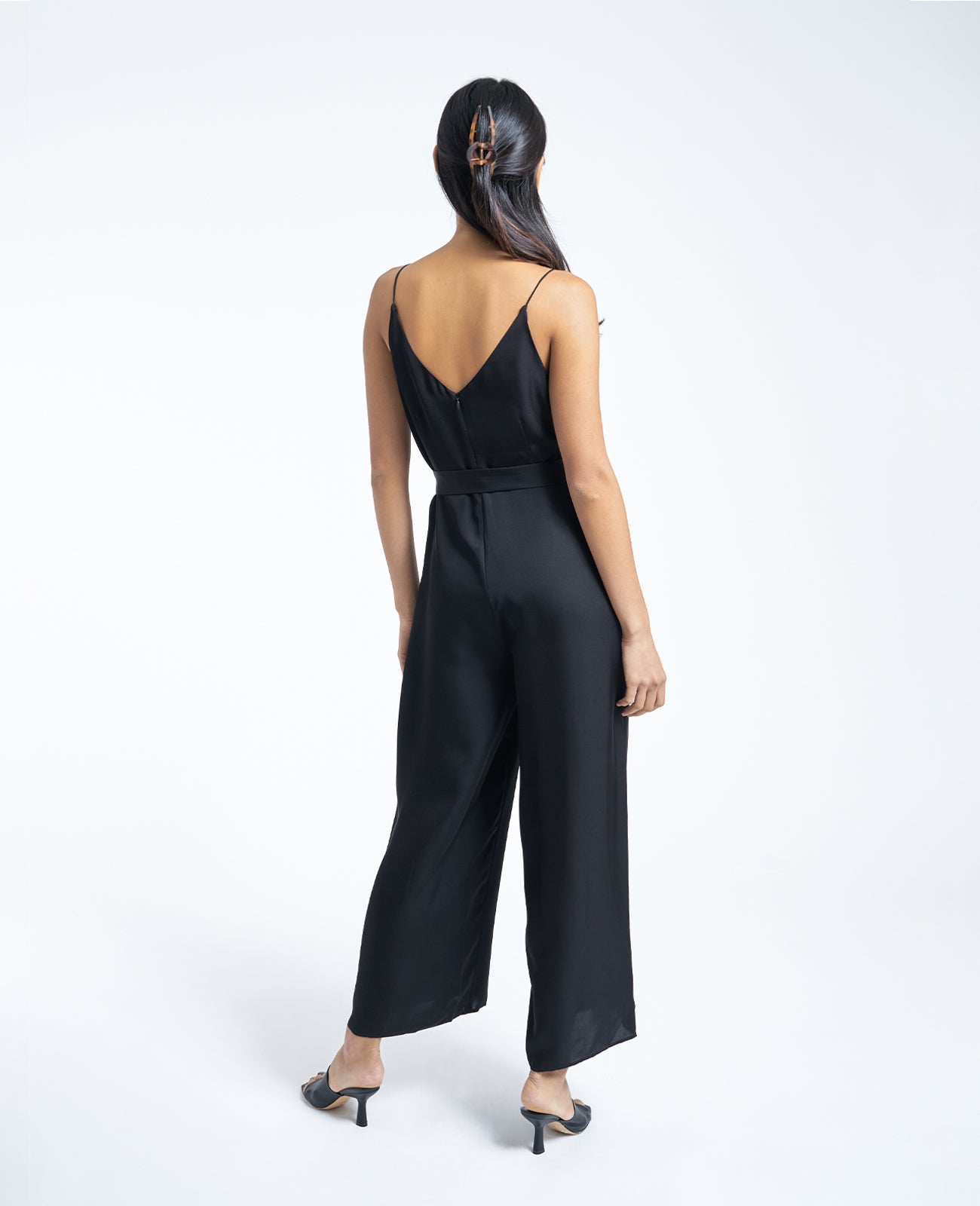Silk V Neck Camisole Jumpsuit in BLACK | GRANA #color_black