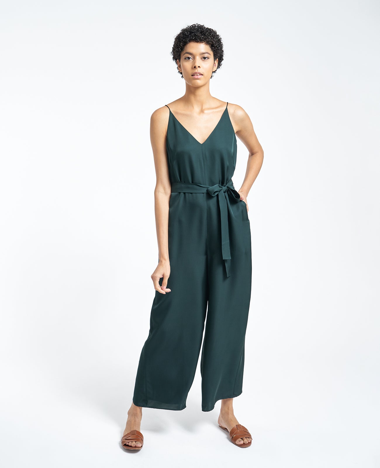 Silk V Neck Camisole Jumpsuit in JEWEL GREEN | GRANA #color_jewel-green