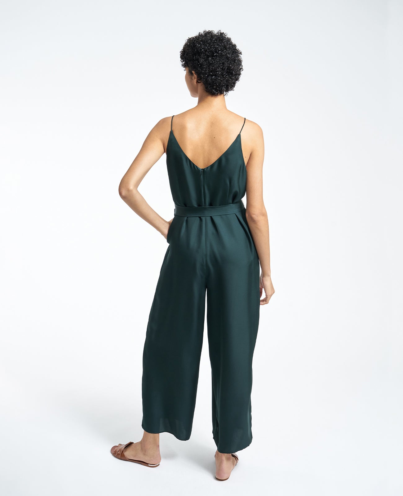 Silk V Neck Camisole Jumpsuit in JEWEL GREEN | GRANA #color_jewel-green
