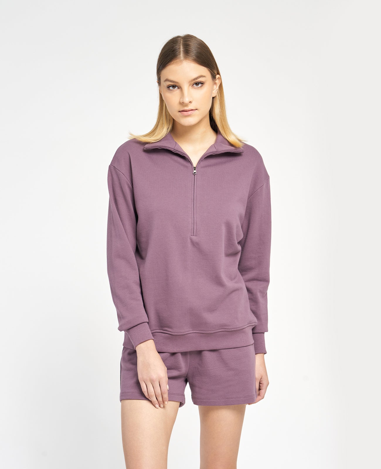Supima Terry Zip Sweatshirt in PLUM | GRANA #color_plum