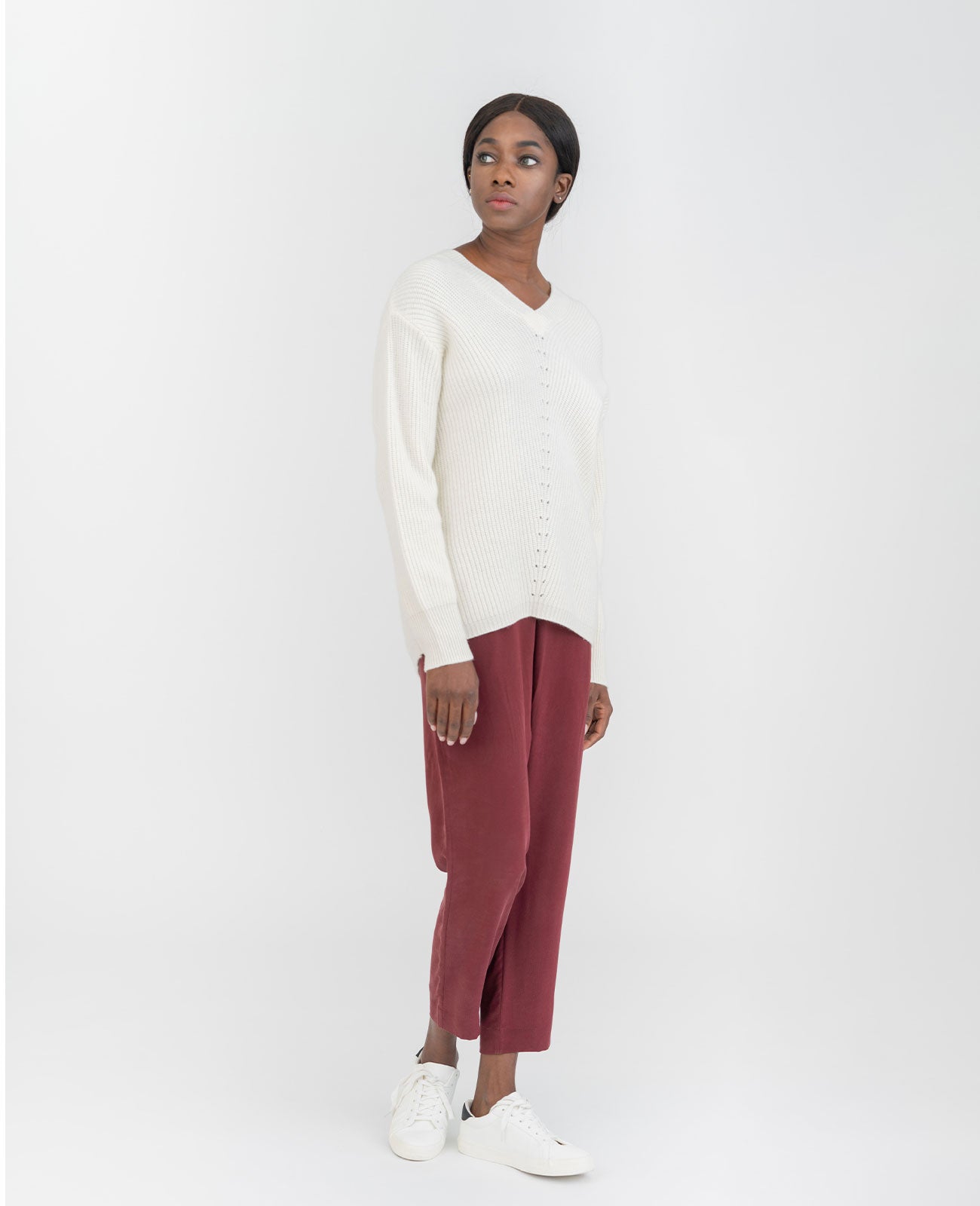 Moving Rib V-Neck Sweater in Ivory | GRANA #color_ivory