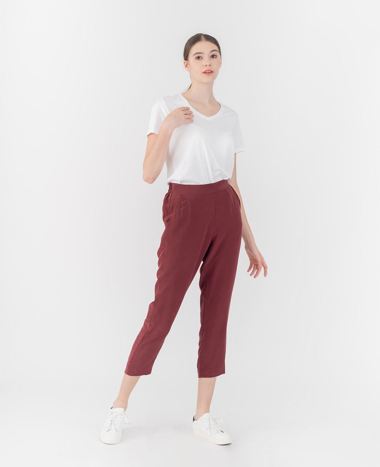 Women Silk Flat Front Ankle Pants in Port Red | GRANA #color_port-red