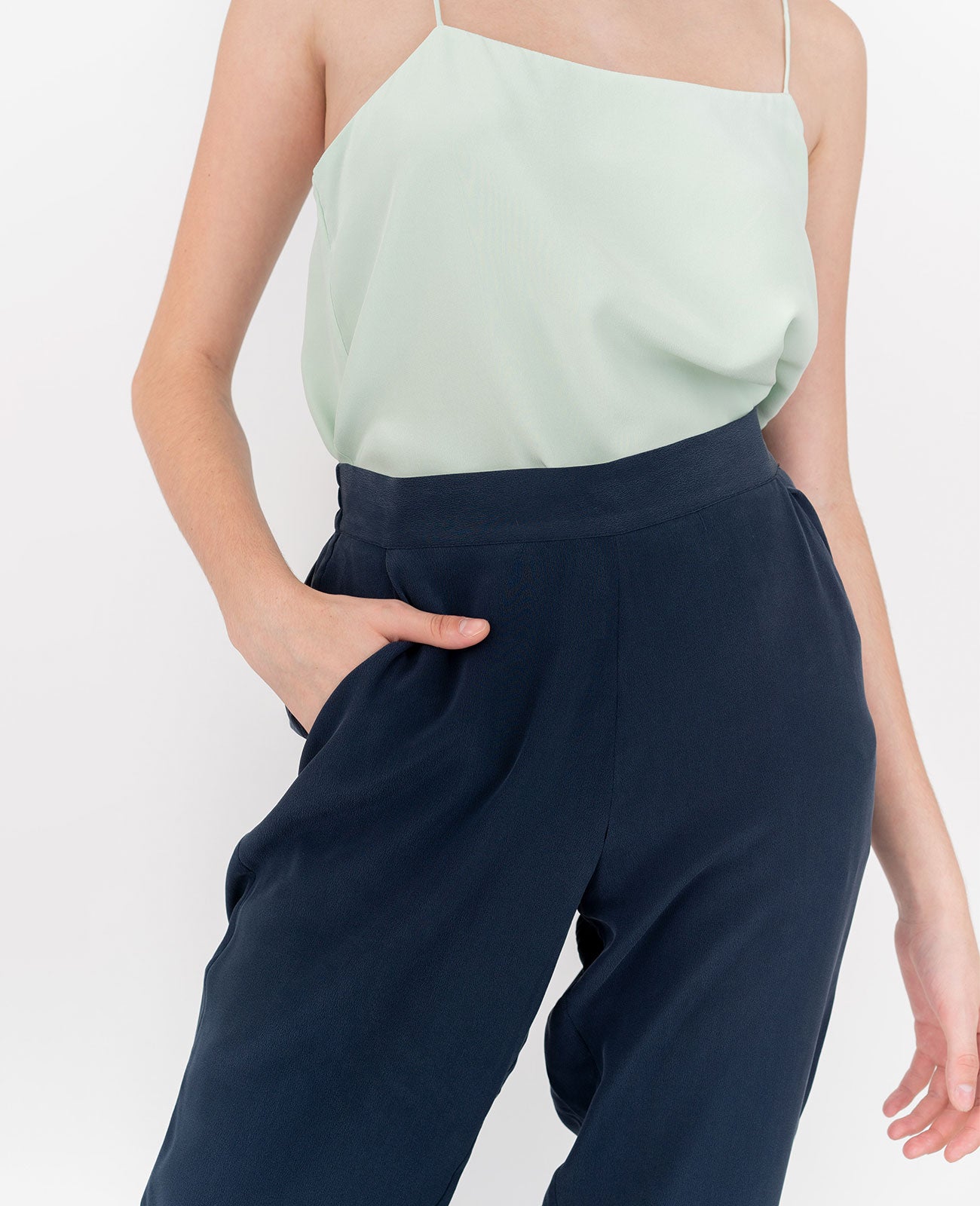 Women Silk Flat Front Ankle Pants in Navy | GRANA #color_navy