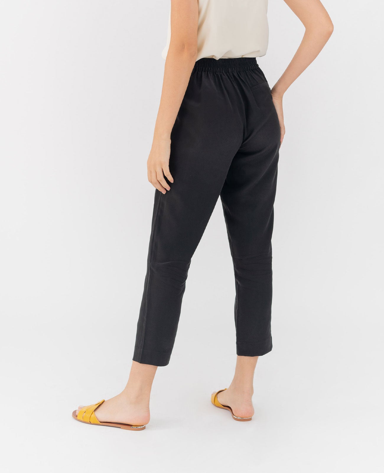 Women Silk Flat Front Ankle Pants in Black | GRANA #color_black