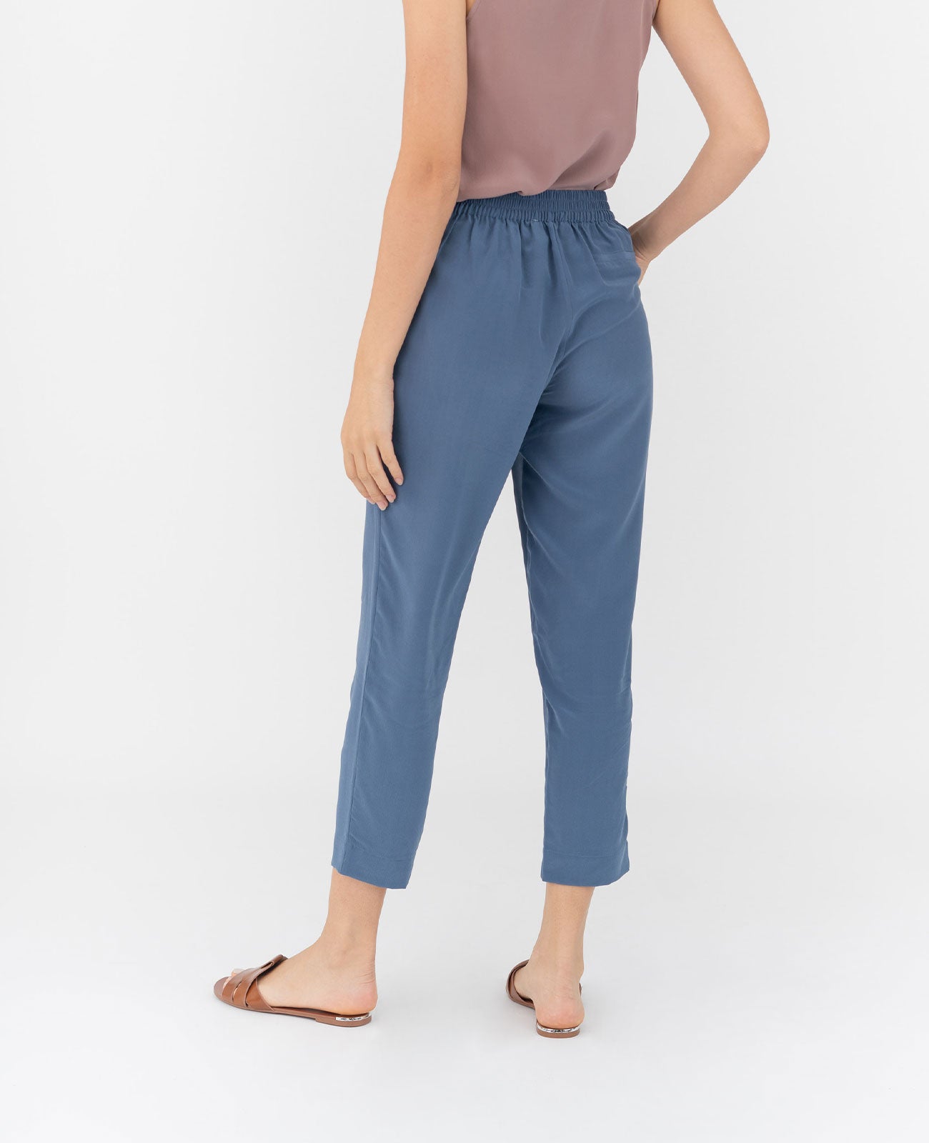 Women Silk Flat Front Ankle Pants in Vintage Indigo | GRANA #color_vintage-indigo