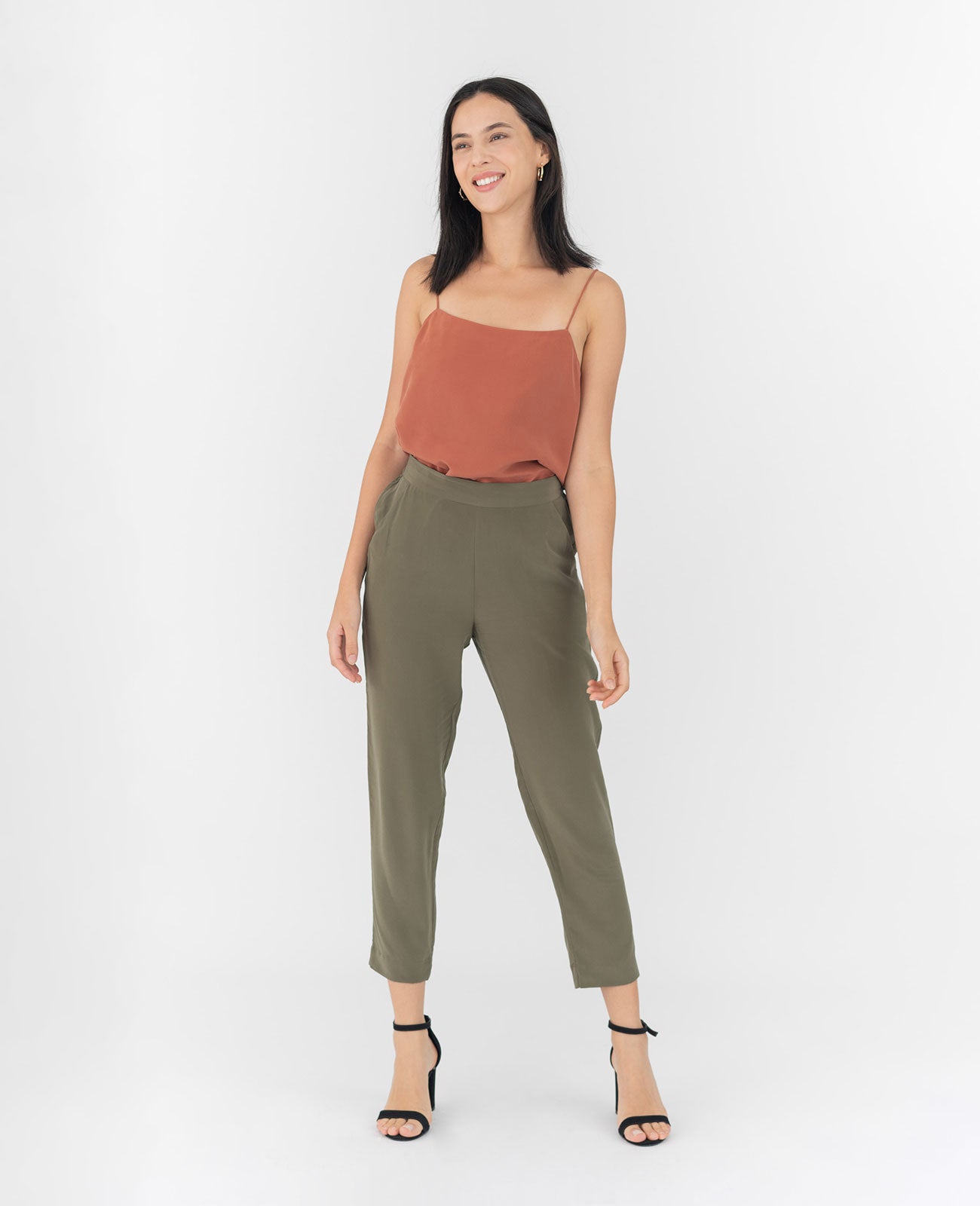 Women Silk Flat Front Ankle Pants in Khaki Green | GRANA #color_khaki-green