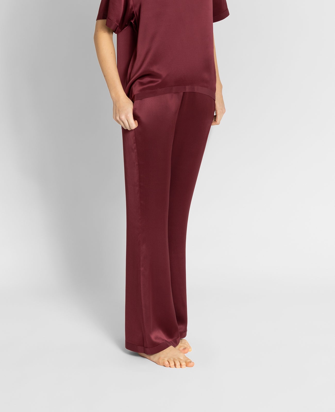 Silk Pyjamas Flare Lounge Pants in Garnet Red | GRANA #color_garnet-red