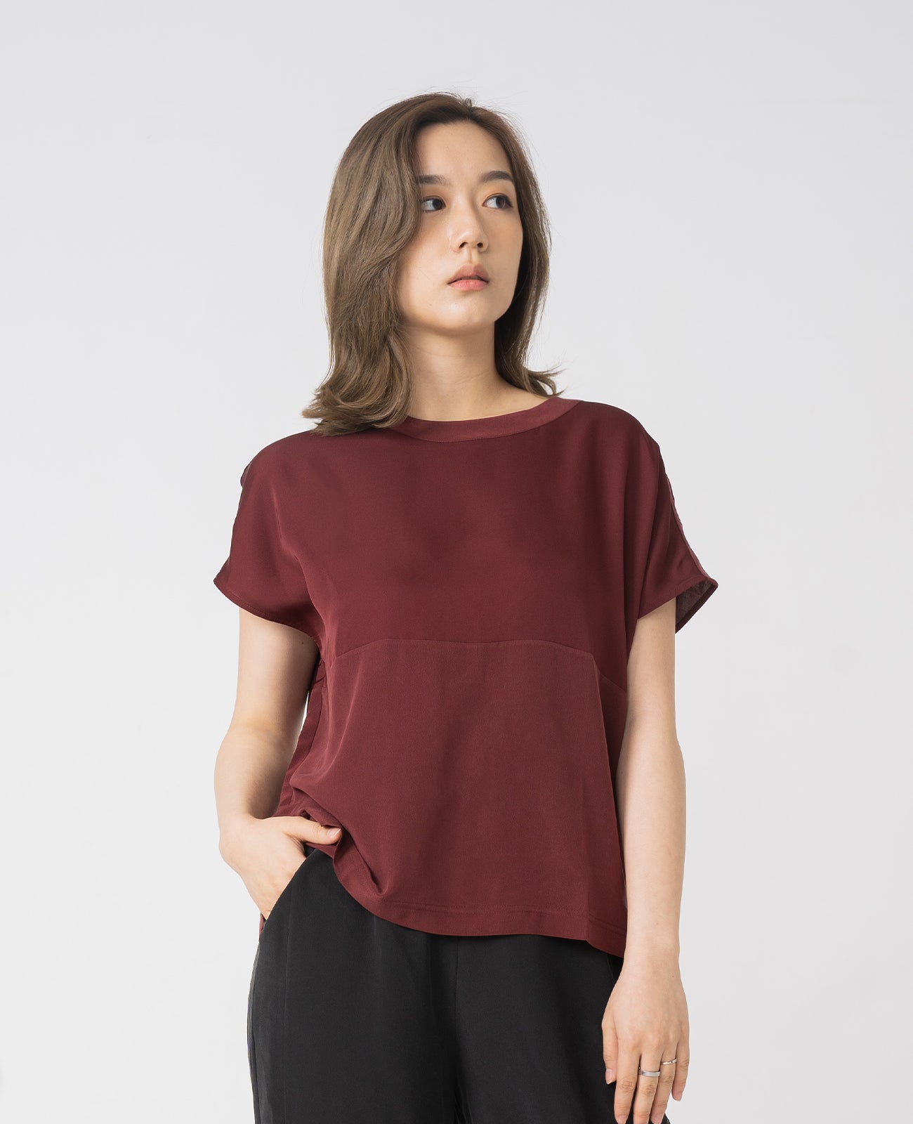 Silk Dropped Shoulder Tee in Port Red | GRANA #color_port-red