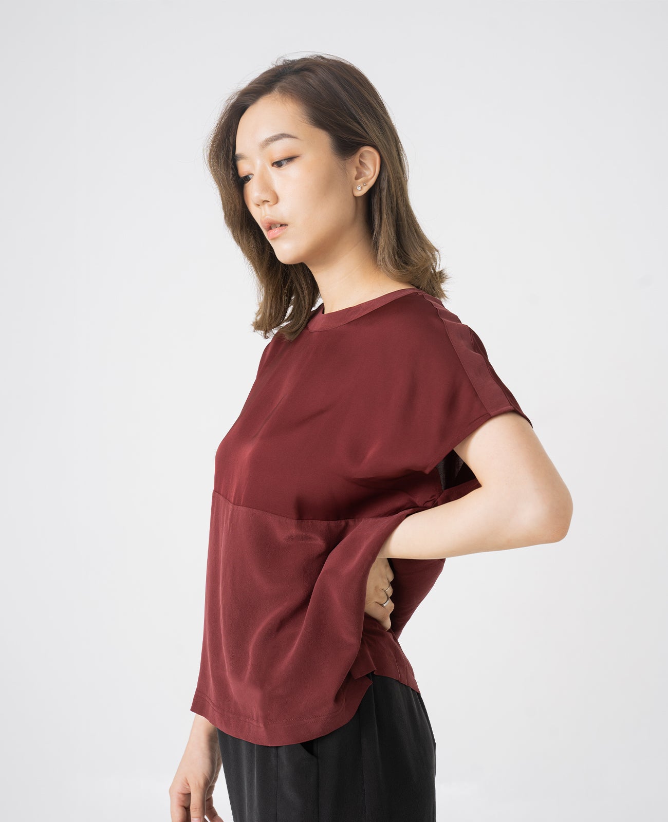 Silk Dropped Shoulder Tee in Port Red | GRANA #color_port-red