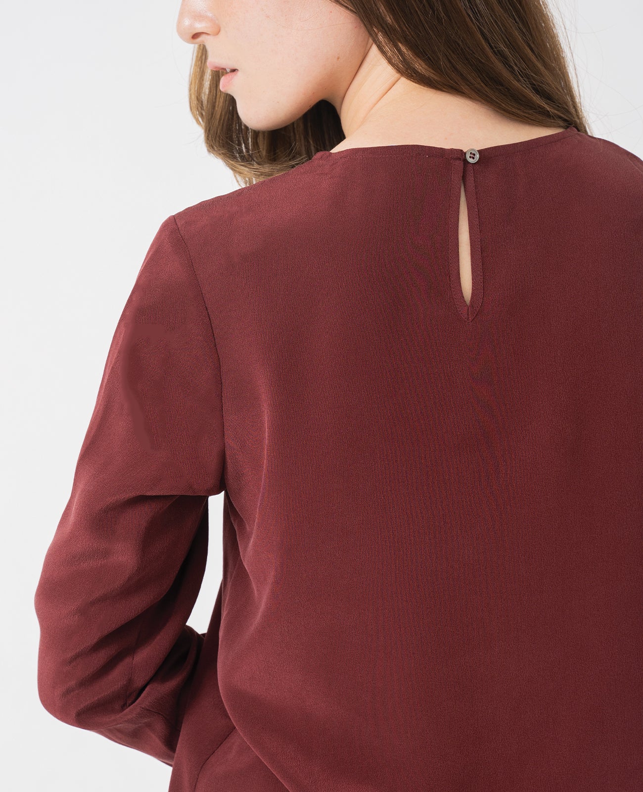 Silk Long Sleeve Crew Neck Blouse in Port Red | GRANA #color_port-red