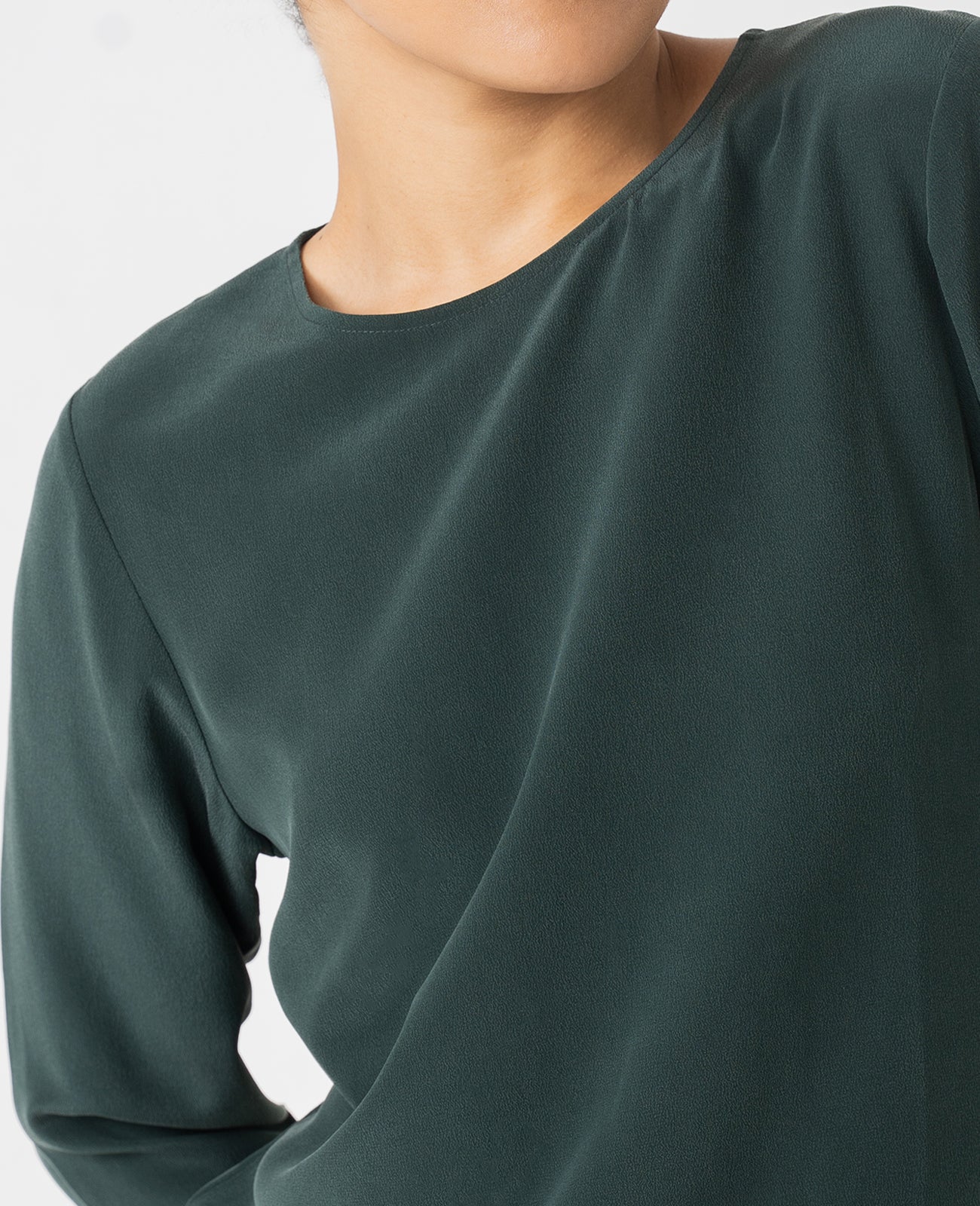Silk Long Sleeve Crew Neck Blouse in Jewel Green | GRANA #color_jewel-green