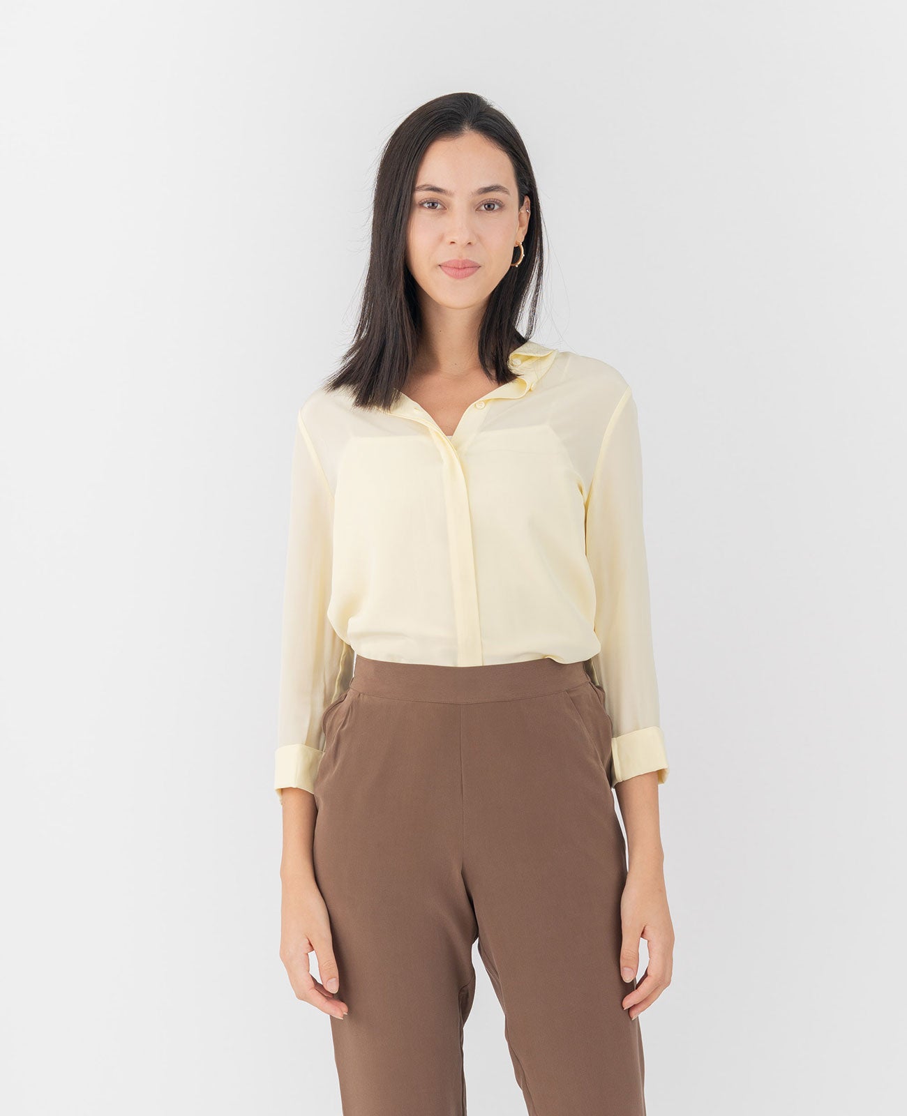 Women Silk Long Sleeve Shirt in Pastel Yellow | GRANA #color_pastel-yellow