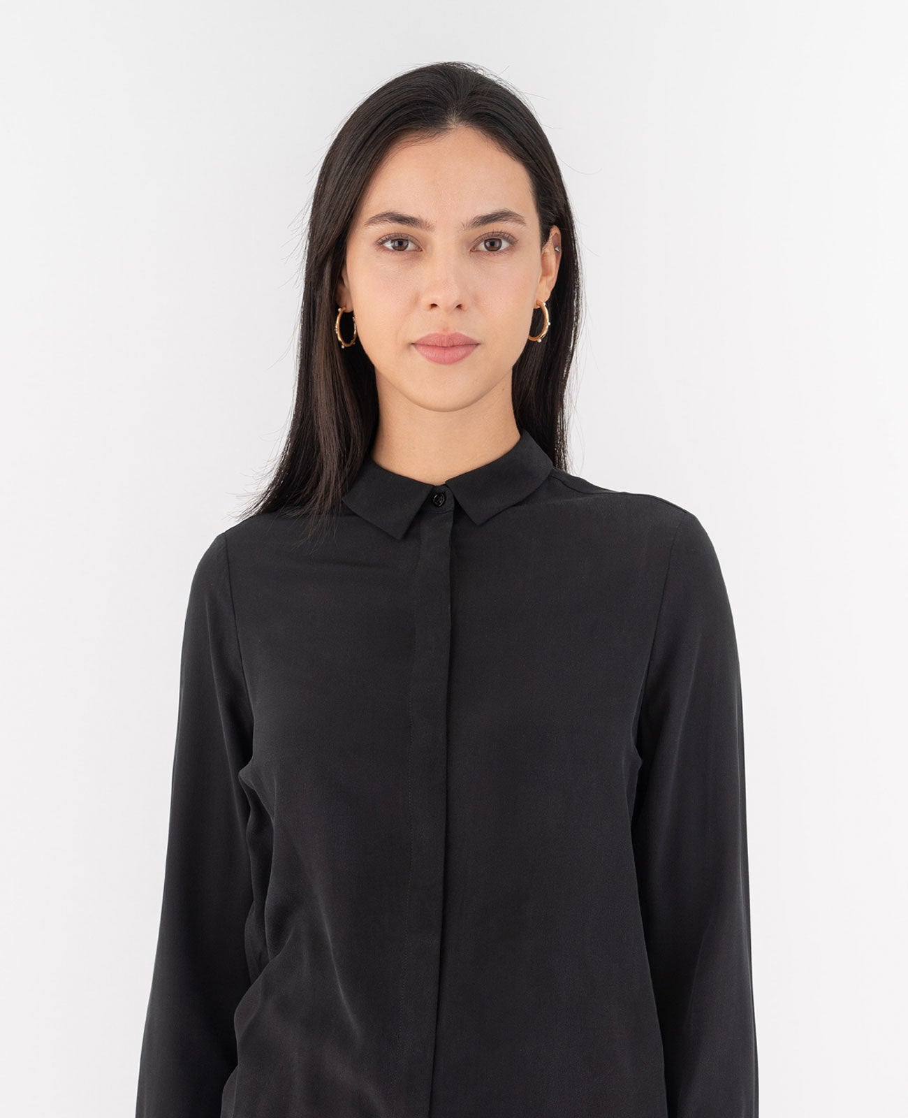 Women Silk Long Sleeve Shirt in Black | GRANA #color_black