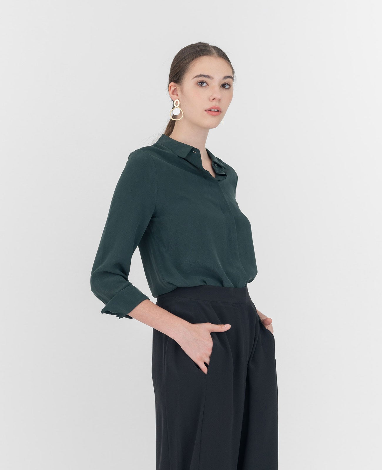 Women Silk Long Sleeve Shirt in Jewel Green | GRANA #color_jewel-green
