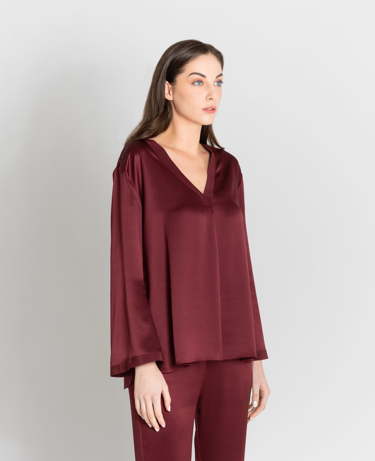 Silk Pyjamas V-Neck Pull Over Blouse in Garnet Red | GRANA #color_garnet-red